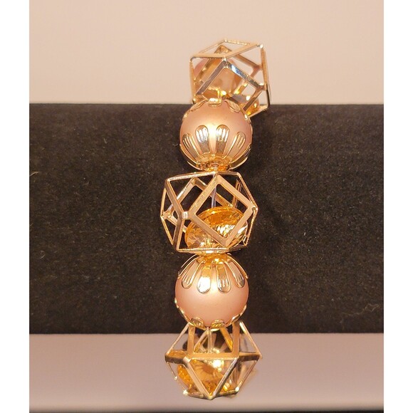 Handmade Peach and Gold Beaded Bracelet Crystal Accents | Rose Gold Jewelry - Picture 2 of 2